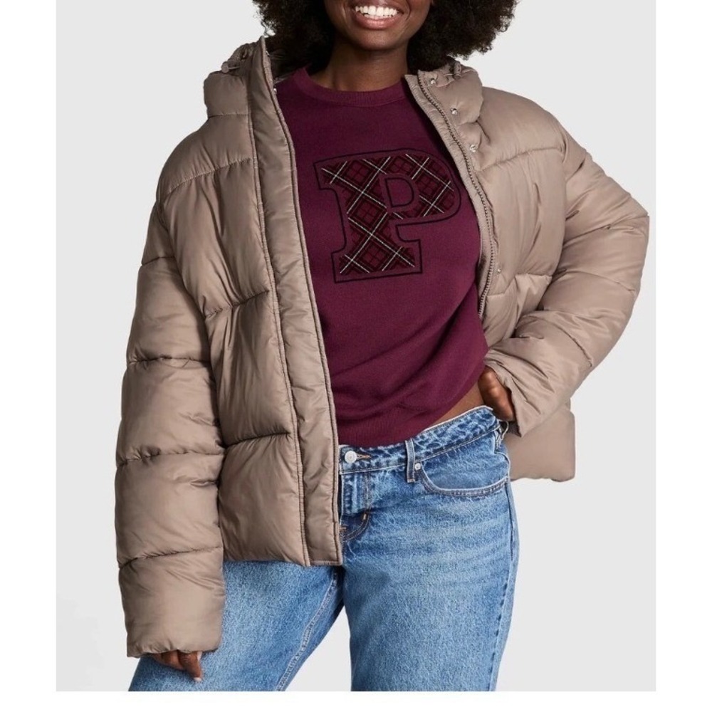 Victoria's Secret PINK Marshmallow Puffer Jacket Taupe Hooded Coat Large